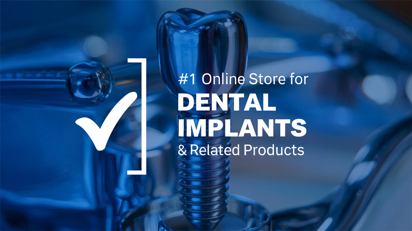 Dental implant with text '#1 Online Store for Dental Implants & Related Products' on a blue background