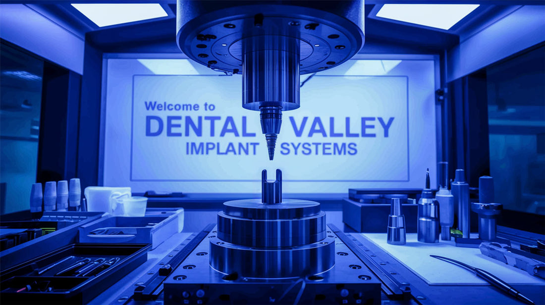 Dental implant system with 'Dental Valley' branding in a laboratory setting.