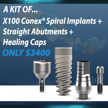 100 Conex Spiral Dental Implants with 100 Straight Abutments and 100 Healing Caps Kit Internal Hex